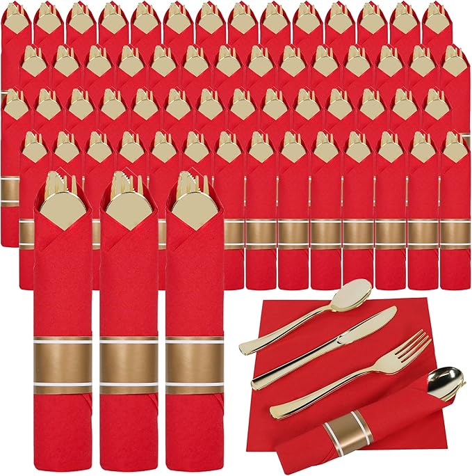 800 PCS Pre Rolled Cutlery Sets, Premium Plastic Flatware Set Wrapped in Red Napkin, Disposable Cutlery Set with 200 Forks, 200 Knives, 200 Spoons, 200 Napkins for Upscale Wedding, Party, Dinner