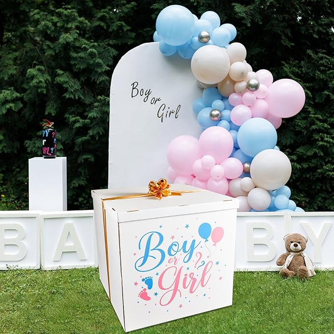 28 Inches Extra Large Gender Reveal Gift Box Kit with Oversized One Sided Printing Box Giant Pull Bows Balloon Ribbon for Gender Reveal Baby Shower Birthday Party Decor Supplies Not for Heavy-Duty