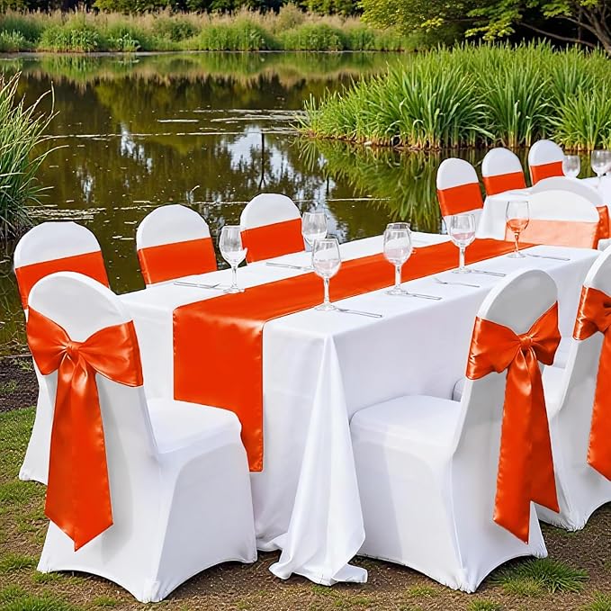 VDS Satin Chair Sashes Chair Cover Back Tie Sateen Bows Ribbon for Wedding Birthday Graduation Engagement Ceremony Event Party Banquet Venue Hotel All Dining Chair Decoration (50PC) (Orange)