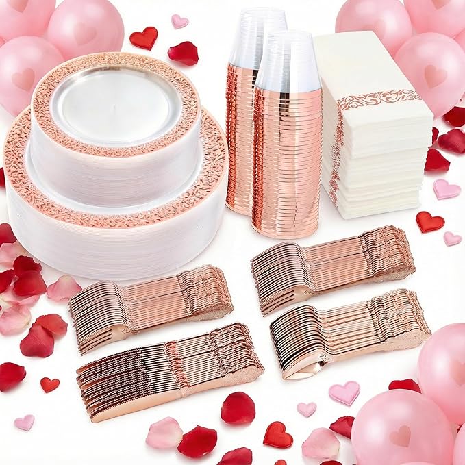 I00000 50 Guests Clear Rose Gold Plastic Plates - Disposable Dinnerware Set Includes: 100 Clear Rose Gold Plastic Plates, 150 Silverware, 50 Napkins, 50 Cups Perfect for Valentine's Day & Wedding