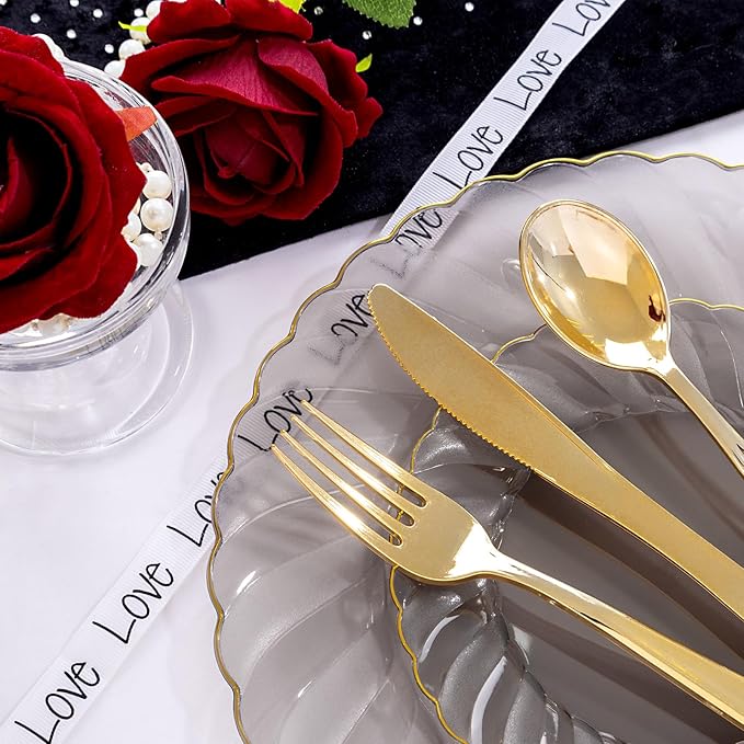 YOUBET 125PCS Clear Black Plastic Plates - Black and Gold Disposable Plates Include 50 Plate, 75 Gold Silverware for Wedding & Party & Birthday