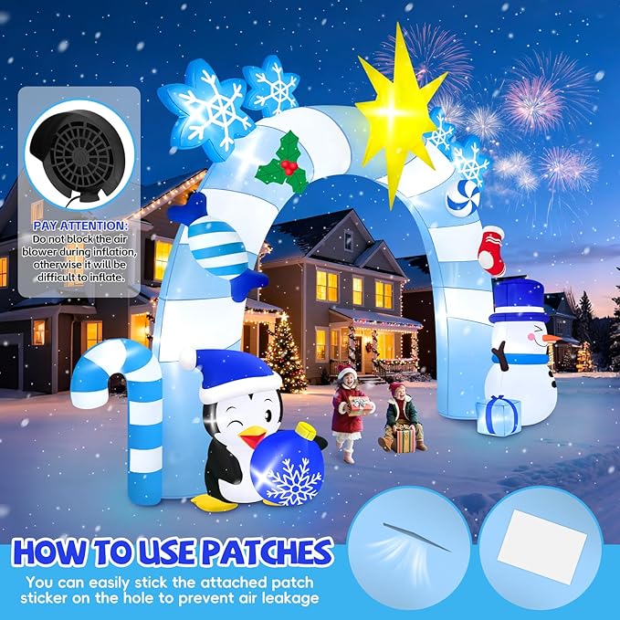 16FT Christmas Inflatable Archway with LED Light, Kalolary Blue Winter Snowman Penguins Inflatable Merry Christmas Blow Up Outdoor Decoration for Courtyard Lawn Shopping Mall Street