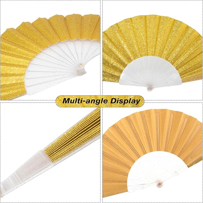 48 Pack Handheld Fan,Folding Hand Glitter fan with Shining Transparent Fan Rib – Ideal for Wedding, Church, Festival, Dance, Tea Party, Club, and EDM Accessories, Yellow