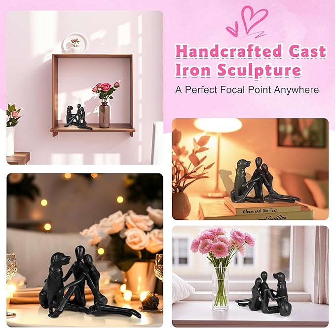 Sweet Couple & Dog Statue Cast Iron Sculpture Decor, Wedding Anniversary Love Gifts for Couple Women Men Wife Husband Her Him Girlfriend Boyfriend, Valentines Gifts for Her Wife Him
