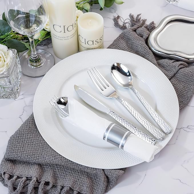 WELLIFE 75 Pack Silver Plastic Silverware,Pre Rolled Silverware Set Disposable,Disposable Cutlery Includes: 75 Forks, 75 Knives, 75 Spoons, 75 Napkins,Plastic Utensils for Party and Wedding