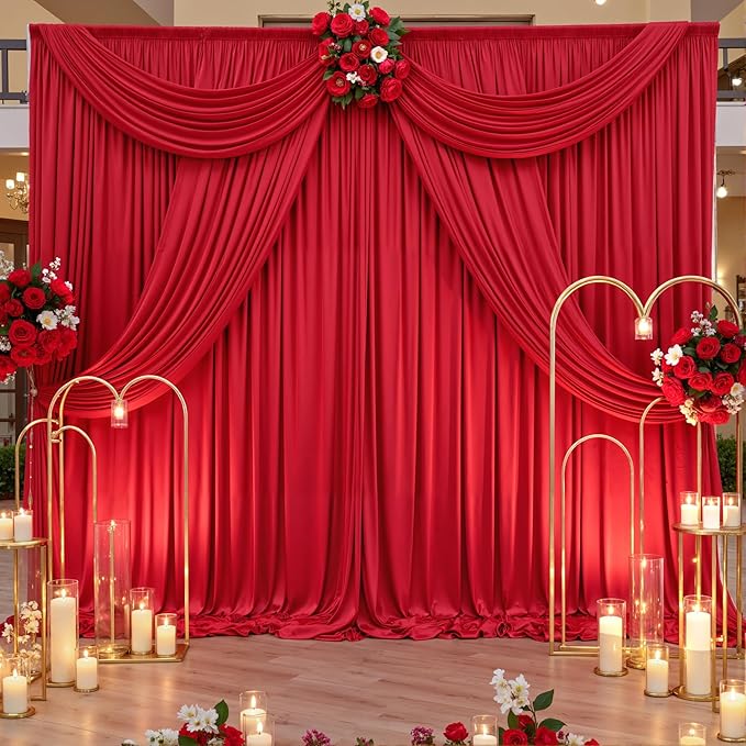 gogoparti 20x12ft Red Backdrop Curtain for Wedding Parties, 4 Panels (5x12 ft Each) Wrinkle-Free Dackdrop Curtains, Silky Draping Fabric for Birthday Party, Baby Shower, Photo Background