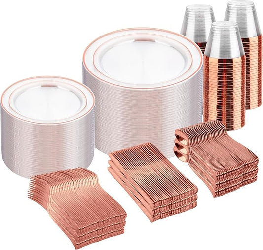 bUCLA 600PCS Clear Rose Gold Plastic Dinnerware Set Disposable - Include 100 Dinner Plates, 100 Dessert Plates, 100 Knives, 100 Forks, 100 Spoons, 100 Cups for Party, Wedding & Valentines Day