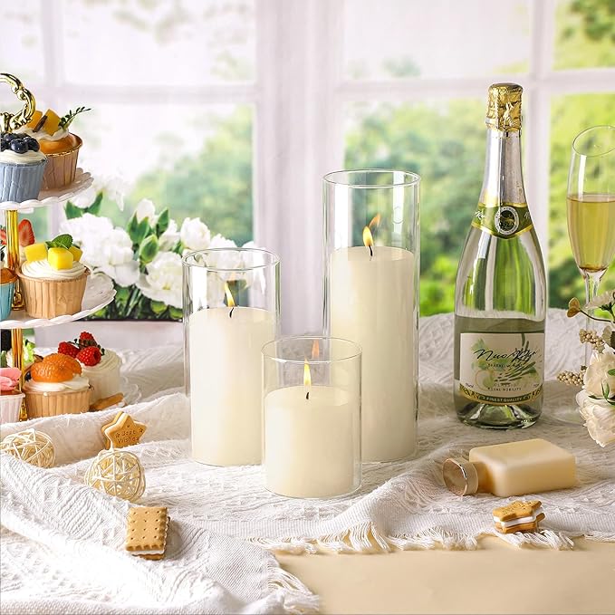 Shihanee Set of 36 Pillar Candles and Glass Cylinder Vases Clear Cylinder Holders for Slim Pillar Candles Wedding Centerpieces(3.4'' X 4.7", 7", 9.8",Ivory White)