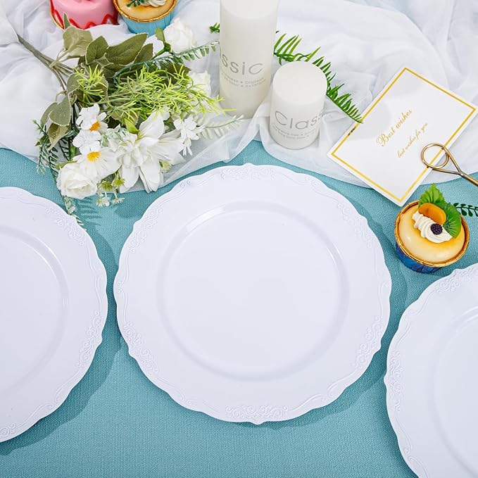 DaYammi 36PCS White Plastic Plates, Heavy Duty White Disposable Plates Premium 10inch Dinner Plates Hard Plastic Plates Disposable for Party Wedding Bridal Shower