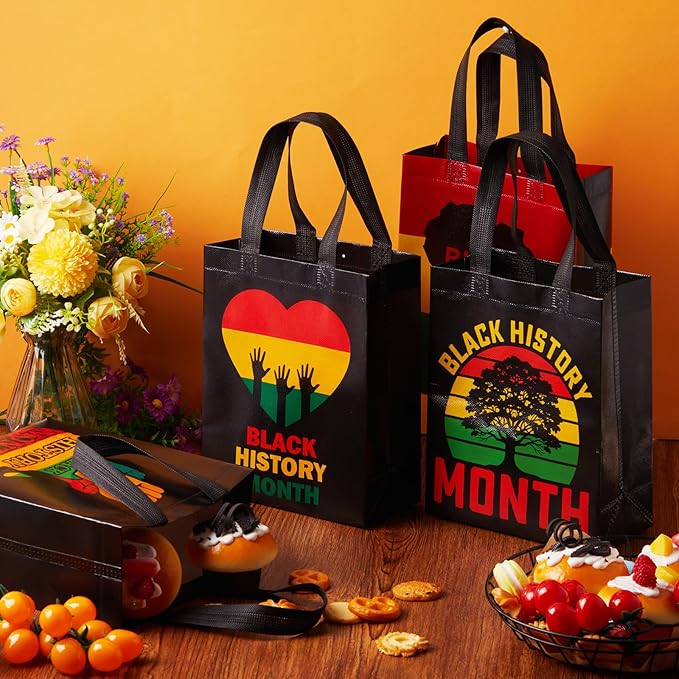 Wesnoy 48 Pcs Black History Month Gift Bags: Reusable Non-Woven Goodie Bags Bulk with Handles - 9.84 x 7.87 Inch Treat Totes for Black History Celebration African BHM MLK Party Decor Supplies