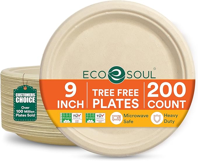ECO SOUL 9 Inch Compostable Disposable Paper Plates [200 Pack] Food Safe 100% Virgin Bagasse Pulp Heavy Duty Biodegradable Microwave Safe Large Round Dinner Plate for Party, Picnic & BBQ (Brown)