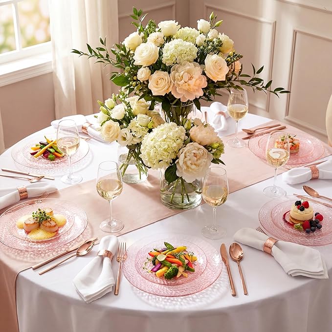 Rubtlamp 60PCS Pink Plastic Plates, Disposable Pink Plates with Hammered Design, Heavy Duty Plastic Platos Fancy Party Platos Include 30 Dessert Plate & 30 Dinner Plate for Bridal Wedding