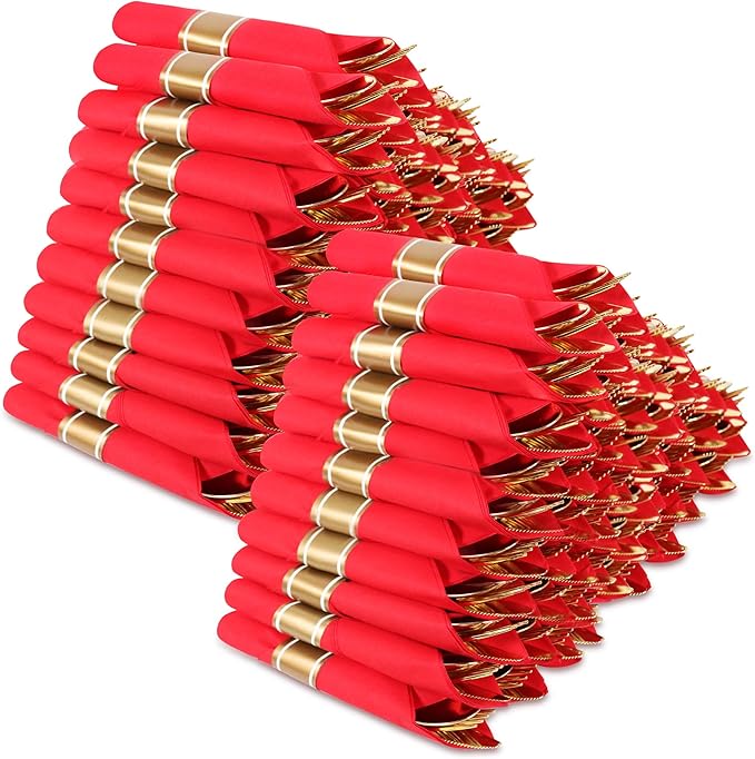 400 PCS Pre Rolled Cutlery Sets, Premium Gold Plastic Flatware Set Wrapped in Red Napkin, Disposable Cutlery Set with 100 Forks, 100 Knives, 100 Spoons, 100 Napkins for Upscale Wedding, Party, Dinner