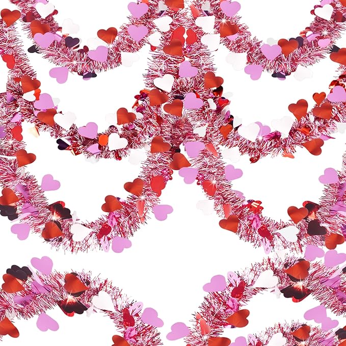 196 FT Valentines Heart Tinsel Garland, Valentine's Day Red Pink White Metallic Twist Garland for Home Wedding Party Hanging Decorations