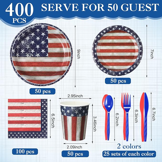 400 Pcs American Flag Patriotic Party Supplies Red White Blue Disposable Paper Plates Napkins and Cups Veterans Election Tableware for Independence 4th of July Labor Memorial Day(Retro)