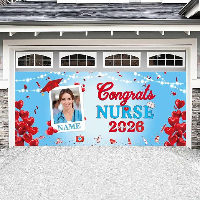 Custom Garaduation Garage Nurse Theme Door Banner Cover 16 x 7 ft Class of 2026 Congrats Grad Party Backdrop Personalized Graduation Decoration(Red and Blue)