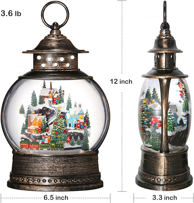 Village Snow Globe 12 Inch Christmas Snow Globe Lantern, Lighted Christmas Decorations Indoor with Music Timer Glitter, Navidad Musical Train Snowglobe Home Decor, USB or Battery Operated