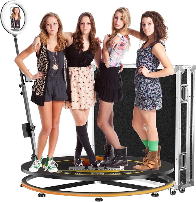 360 Photo Booth Machine for Party, Selfie Photobooth Prop with Ring Light, 360° Auto-Spin Video Recording Camera Booth, APP Remote with Chacktok VIP, for 4-6 People, 39.4inch with Flight Case