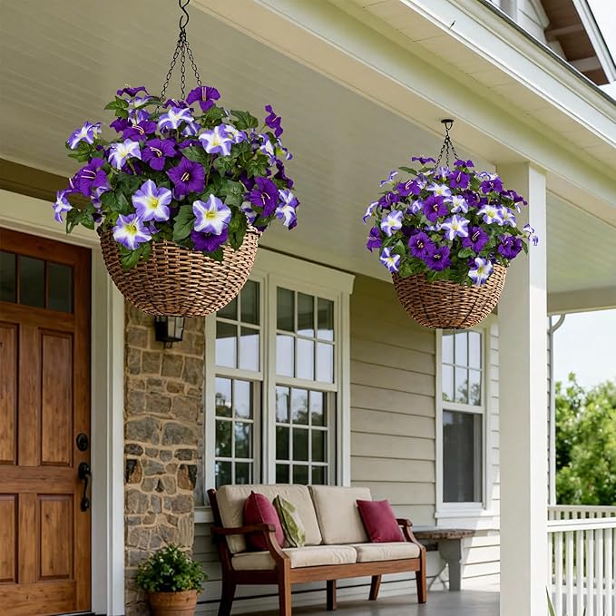 19 Inch Artificial Fake Flowers for Outdoor,4 Pcs Faux Silk Petunias Spring Flowers for Outside for Indoor Porch Planter Front Door Garden Patio Window Box Home Decor(Double Purple)