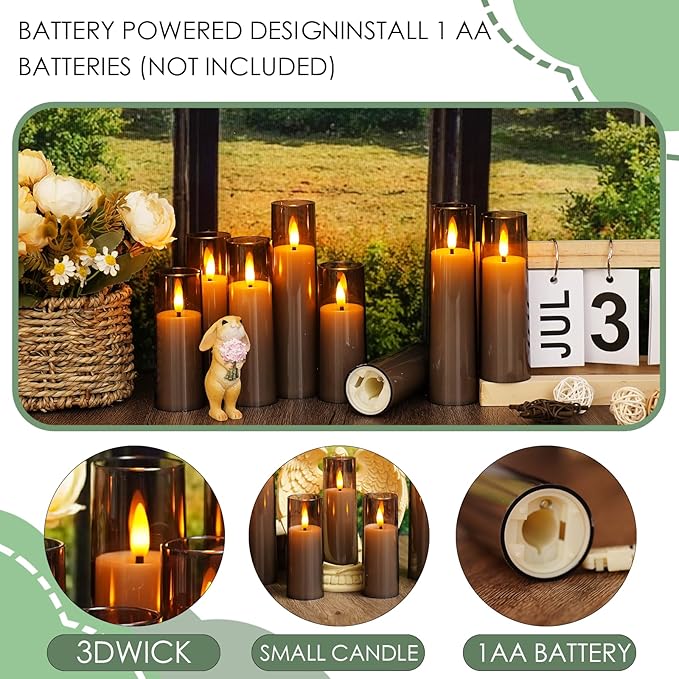 Flickering Flameless Candles, Battery Operated Acrylic LED Pillar Candles with Remote Control and Timer,Pack of 12,(D1.57 xH 4" 5" 6") for Holiday Decorations Home Decorations (Grey)
