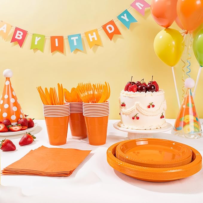 MirthMood 350PCS Orange Plastic Plates,Orange Disposable Plates Set– Plastic Plates Set Includes 50 Dinner,50 Dessert Plate,50 Cup&50 Napkins, 50 Silverware for Wedding & Birthday Parties