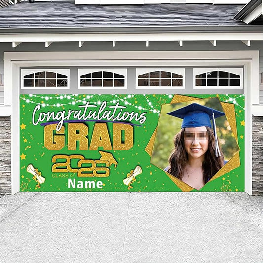 Custom Garaduation Garage Door Banner Cover 16 x 7 ft Class of 2026 Congrats Grad Party Backdrop Personalized Graduation Decoration(Green and Gold)