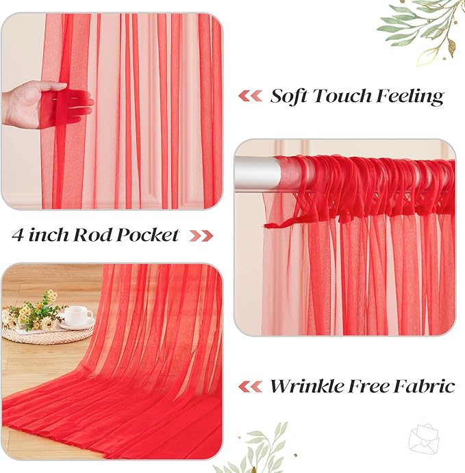 20ft x 10ft Red Backdrop Curtain with Lights String for Parties, Sheer Tulle Wedding Photo Backdrops Drapes for Baby Shower Birthday Party Decorations Background for Photography