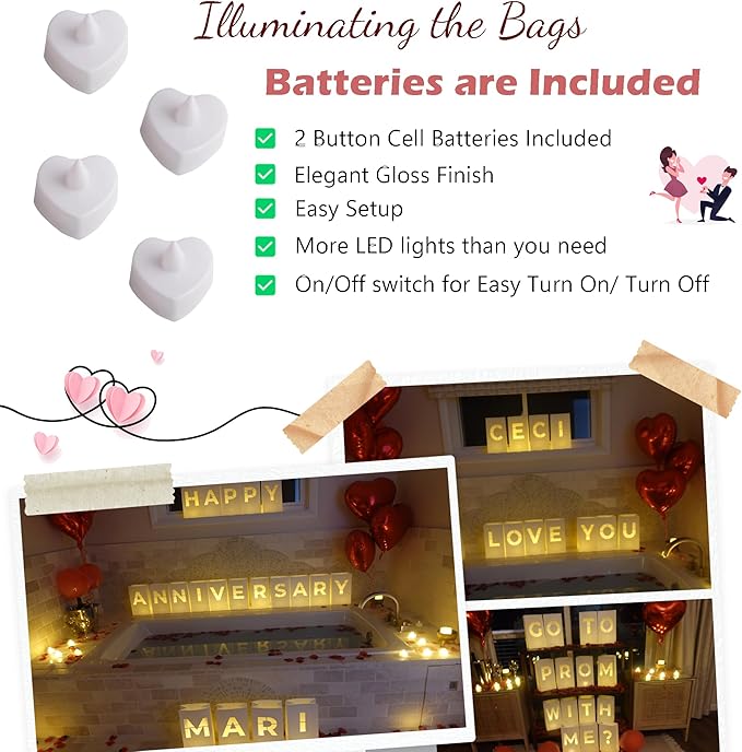 Design Your OWN Customizable Luminary Bags with LED Tea Light Candles, Balloons, and Rose Petals – Romantic Decorations for Proposals, Anniversaries, and Special Moments