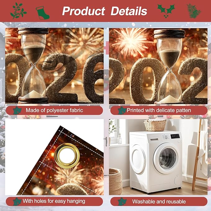 Happy New Year 2026 Garage Door Banner 7x16FT, Hourglass Countdown 2026 Garage Door Cover, Large Outdoor New Year Decoration Backdrop for Garage Doors, Fence, Yard, Party Photo Booth