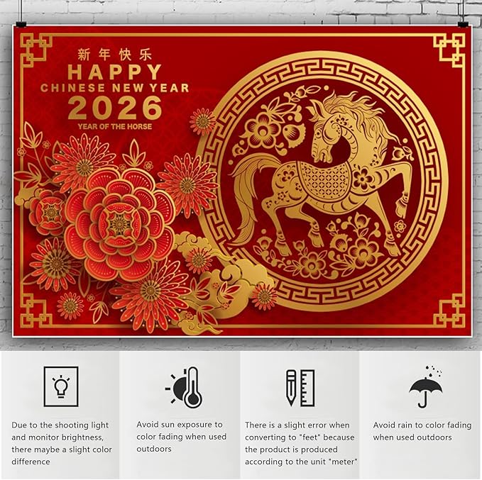 YongFoto 2026 Happy Chinese New Year Backdrop 12x8ft 2026 Lunar Year of The Horse Lucky Cloud Plum Bossom Red Gold Background Chinese Traditional Spring Festival New Year's Eve Party Banner Decor
