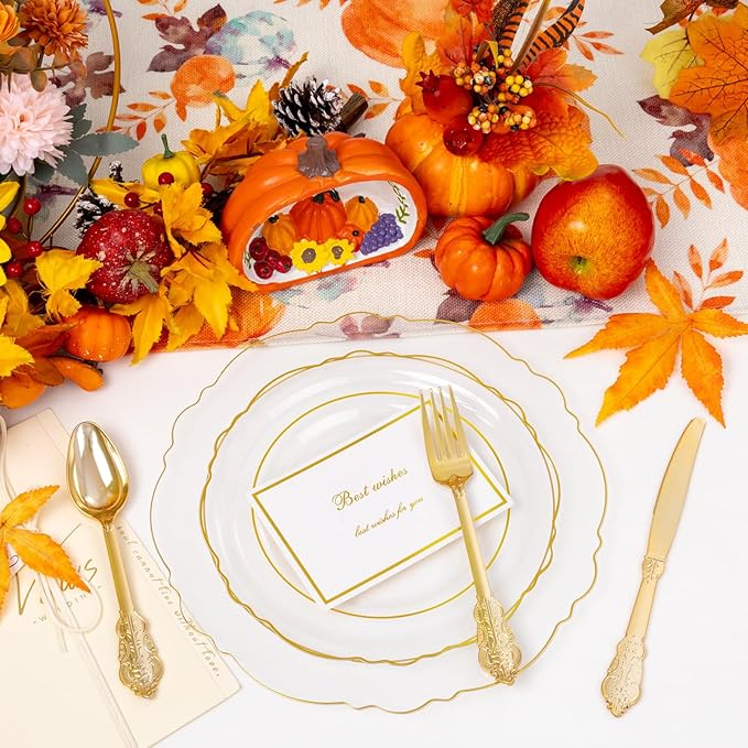 YOUBET 125PCS Gold Plastic Plates - Clear Gold Disposable Plates - 25 Guests Baroque Plastic Dinnerware Includes 25Dinner Plates, 25Dessert Plate, 75Silverware for Party & Wedding