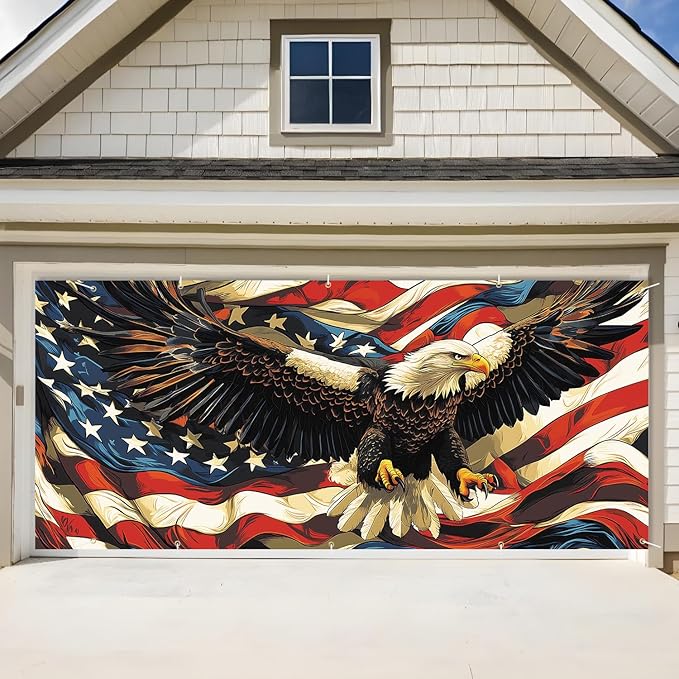 Eagle American Flag Garage Door Banner 7x16FT, Patriotic Bald Eagle & American Flag Design, Outdoor Decoration for Independence Day and National Holidays