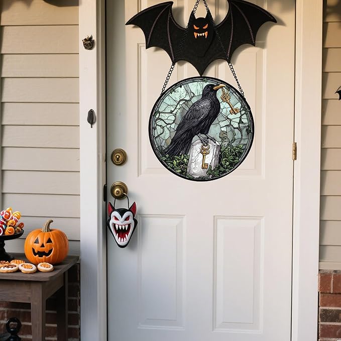 Stained Glass Window Hanging - Halloween Crow Holding A Key Suncatcher for Doors Garden Home Spooky Green Vines Sun Catchers Gothic Decor Horror Gift for Women Men Friend Boy Girl 9.8 in