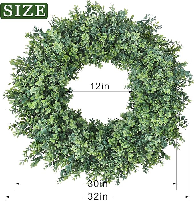 32'' Large Boxwood Wreath for Front Door, Porch, Window- Artificial Boxwood Leaves Greenery Outdoor Wreath for Home, Farmhouse Wall Decor- Spring, Summer, Fall, All Seasons (Green)