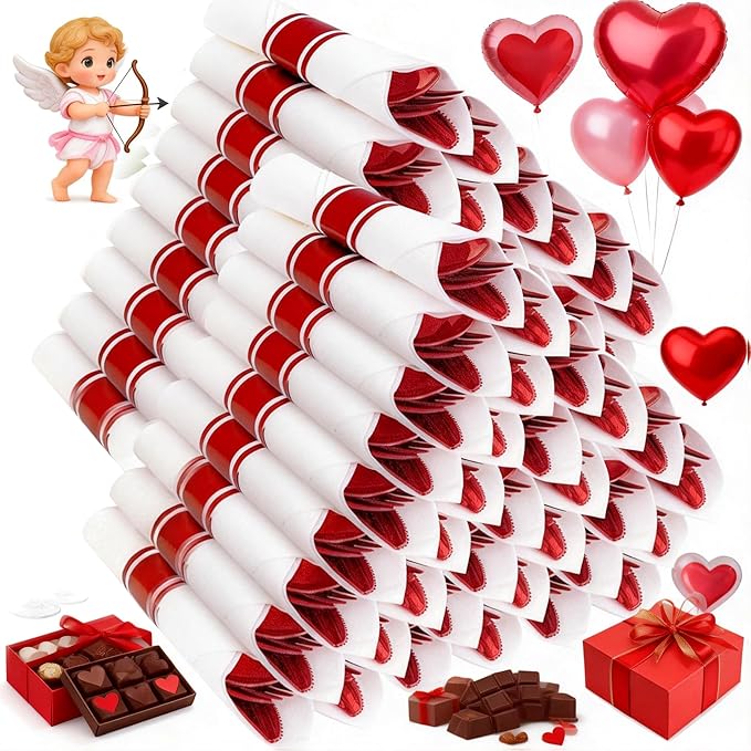 400PCS Pre Rolled Red Plastic Silverware Sets - Heavy Duty Red Cutlery - Include 100 Pack Wrapped Disposable Utensils with Napkins for Valentine's Day Parties & Dinners & Weddings