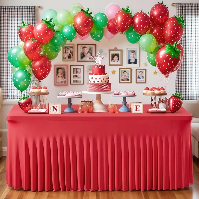 Wish Care 2 Pack Red Spandex Table Clothes for 6 Foot Rectangle Tables, 6FT Wrinkle Free Fitted Tablecloths Ruffles Design Table Cover for Party, Banquet, Wedding and Events