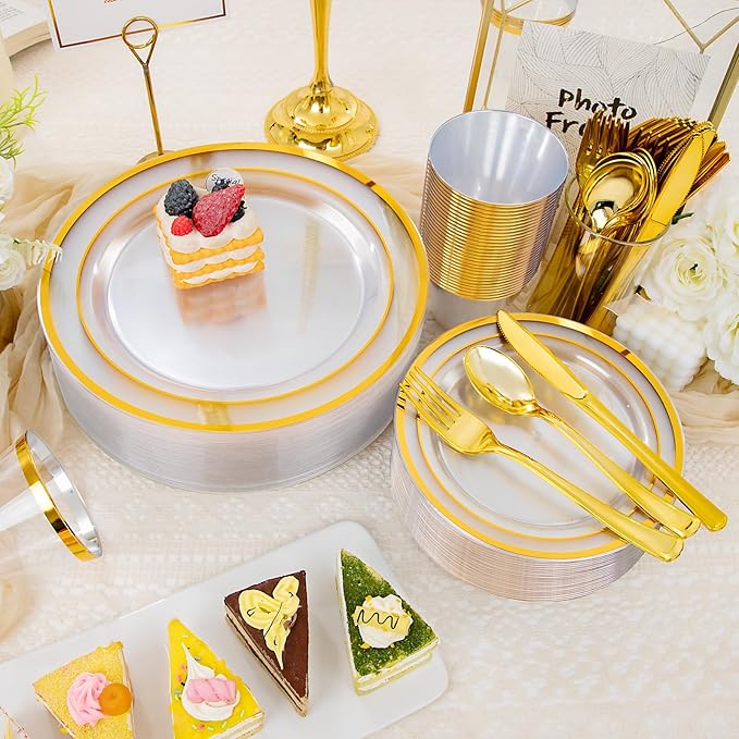 WELLIFE 300 PCS Clear Gold Dinnerware Set for 50 Guests, Clear and Gold Plastic Plates for Party, 50 Dinner Plates, 50 Salad Plates, 50 Cups Forks Knives Spoons for Wedding and Party Supplies