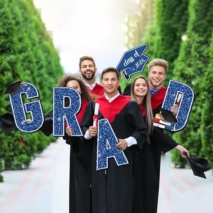 Aneco Waterproof 2026 Grad Yard Signs Plastic Graduation Yard Signs Party Outdoor Lawn Decorations 16 Inches Glitter Congrats Grad Lawn Sign with Stakes for Outdoor Party Garden Decor (Blue)