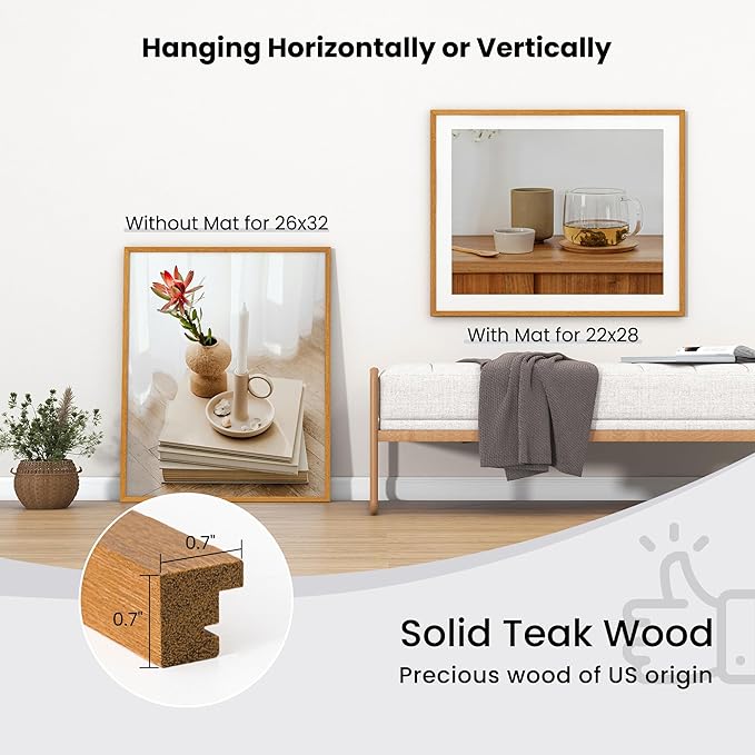 Axeman 26x32 Frame - Solid Teak Wood 26x32 Poster Frame With Mat for 22x28, 32x26 Wood Picture Frame, Tempered Glass and Hanging Hardware Included Home Decor Art Hanging Frame, Natural Teak