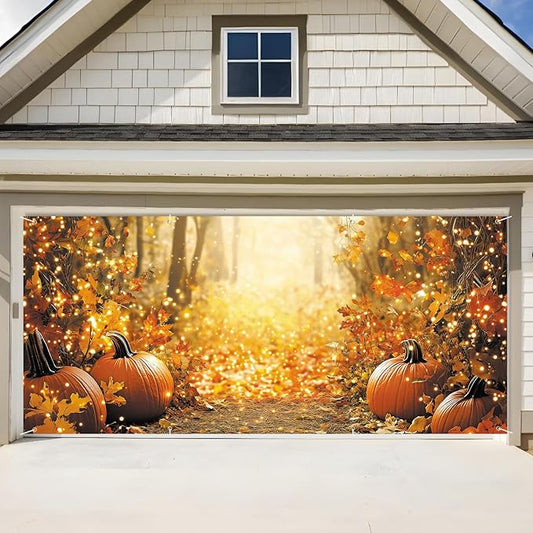 ANNA QUEEN Autumn Glow Pumpkin Garage Door Banner 6 x 13FT, Fall Forest Path with Lights for Spring Easter Parties Christian Home Decor, Outdoor Garage Decoration for Halloween Parties Home Decor