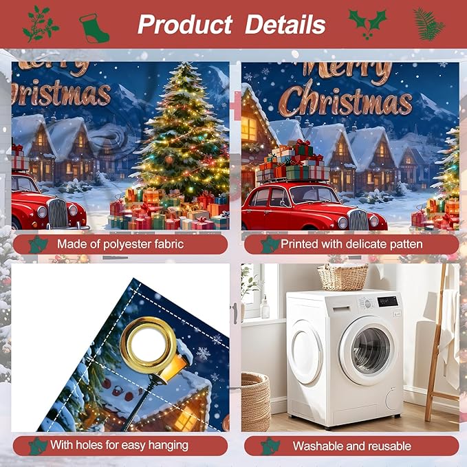Merry Christmas Garage Door Banner 7x16FT Snowy Village Scene with Car & Tree, Holiday Garage Door Cover for Outdoor Xmas Decorations