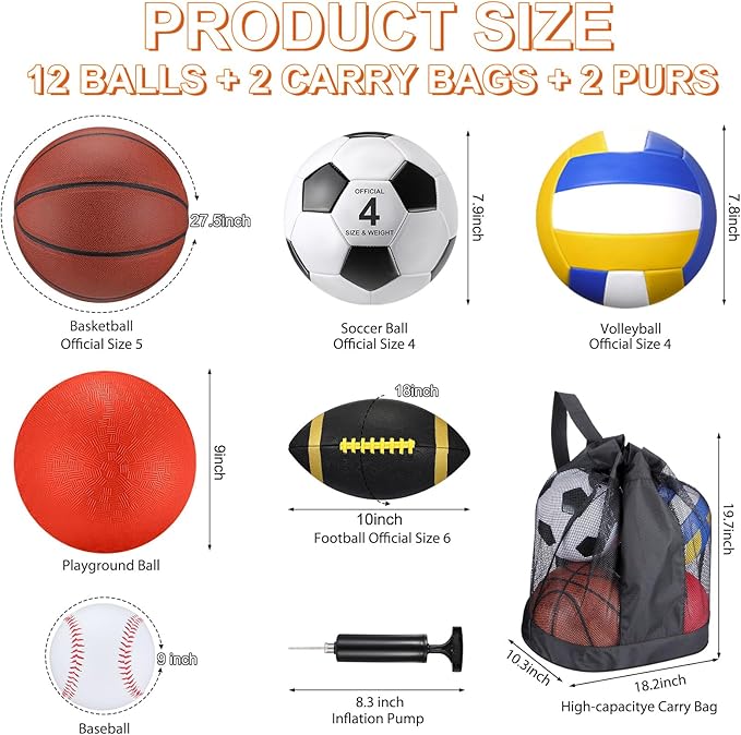 Deekin 12 Pcs Assorted Sport Ball Set for Kids Official Size Basketball Football Volleyball Soccer Baseball Playground Ball with Bag and Pump for Valentine's Kid Youth Gift