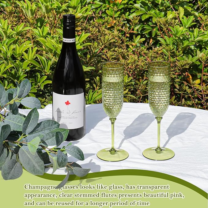 24 Pack Green Detachable 2 piece Champagne Flutes 5.5 Oz Unbreakable Plastic Mimosa Disposable Champagne Glasses Drinking Cups Stemmed Reusable Wine Toasting Glasses for Wedding (24, Olive Green)