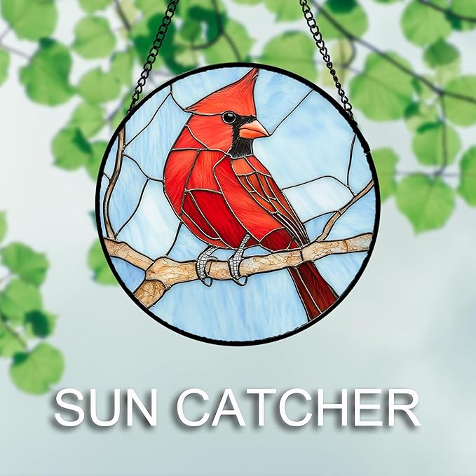 Stained Glass Window Hanging 4 Pcs Set Cardinal Blue Birds Large 15" - Suncatcher Door Garden Sun Catcher Decor Birthday Mother's Day for Bird Lovers Men Woman Nana Friend