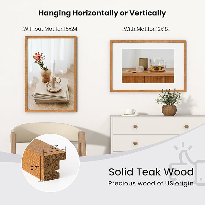Axeman 16x24 Frame With Mat for 12x18 - Solid Teak Wood 16x24 Poster Frame With Tempered Glass, 16 x 24 Picture Frame for, 16 by 24 Wood Frame for Home Decor, Hanging Hardware included, Natural Teak