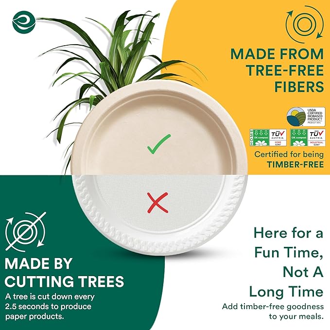 ECO SOUL 10 Inch Compostable Disposable Paper Plates [100 Pack] Food Safe 100% Virgin Bagasse Pulp Heavy Duty Biodegradable Microwave Safe Large Round Dinner Plate for Party, Picnic & BBQ (Brown)