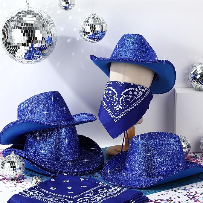 Coume 12 Pcs Sparkly Adults Cowboy Hat and Bandanas Women Men Western Glitter Cowgirl Party Hats with Adjustable Drawstring