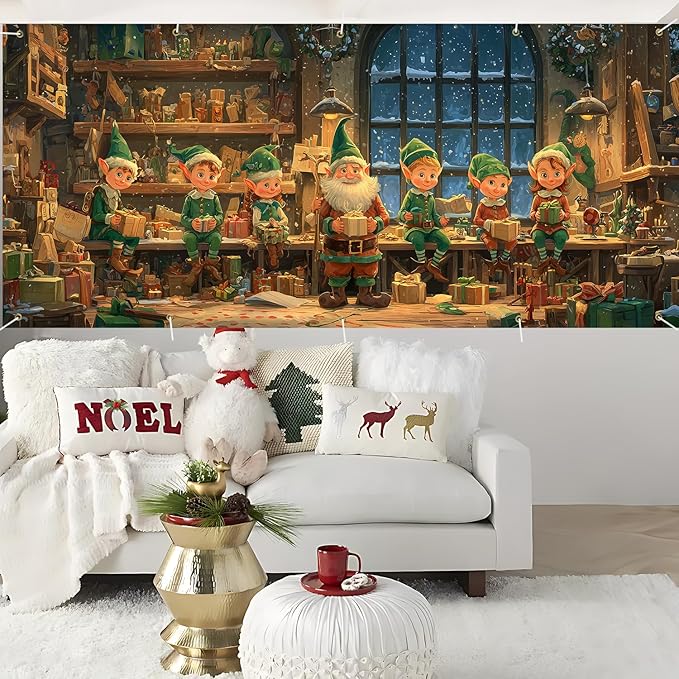 Santa's Workshop Christmas Garage Door Banner 7x16FT, Santa and Elves Holiday Scene, Large Outdoor Xmas Decoration for Garage Doors, Large Garage Cover for Christma