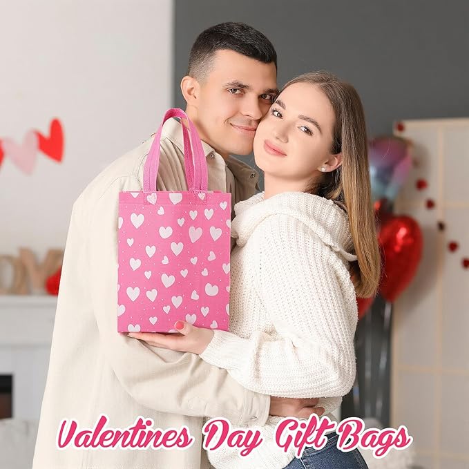 Wesnoy 48 Pcs Valentine's Day Gift Bags Bulk Reusable Medium Non Woven Heart Snack Candy Goodie Treat Tote Bags with Handle for Galentines Event Party Favor Gift Wrap,10 x 8 x 4 Inch