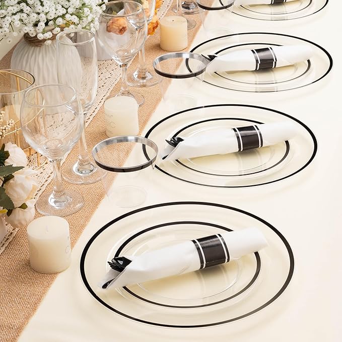 BESTSTAR 350PCS Clear and Black Disposable Plates Set for 50 Guests, 100 Plastic Plates, 50 Plastic Cups, 50 Pre-Rolled Napkins with Cutlery for Party, Thanksgiving, Birthday, Halloween, Christmas
